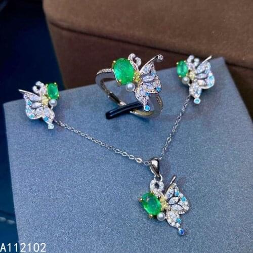 KJJEAXCMY fine Jewelry 925 sterling silver inlaid natural Emerald girl classic pendant ring earring set support test hot selling