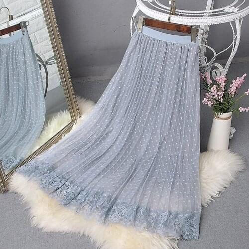 Summer Women Midi Skirt Gauze Lace stitching Lady Sweet Length Mesh Skirts 2021 Female Casual Streetwear Bottoms