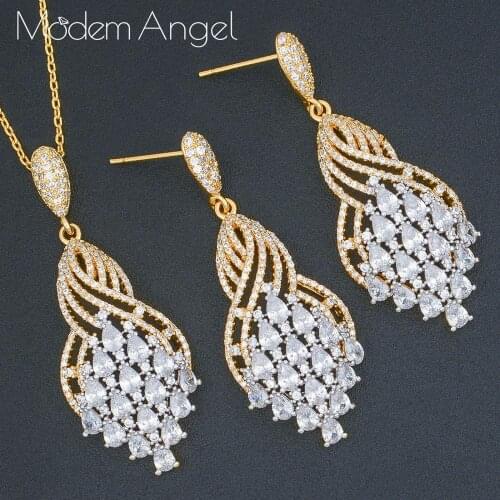 ModemAngel Luxury Water drop Line 2PCS NECKLACE EARRING Sets For Women Accessories Full Cubic Zirconia Earrings Jewelry