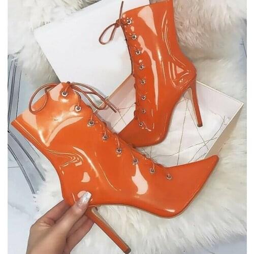 Moraima Snc Woman Pointed Toe Ankle Boots Sexy Transparent PVC High Heel Shoes Lace-up Riding Boots Ladies Clubwear Dress Shoes