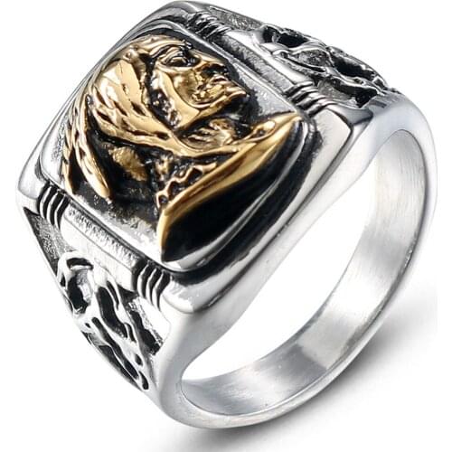 Stainless Steel Men Punk European And American Retro Head Ring Titanium Jewelry Male Human Head Finger Fashion Ring Size 8-13