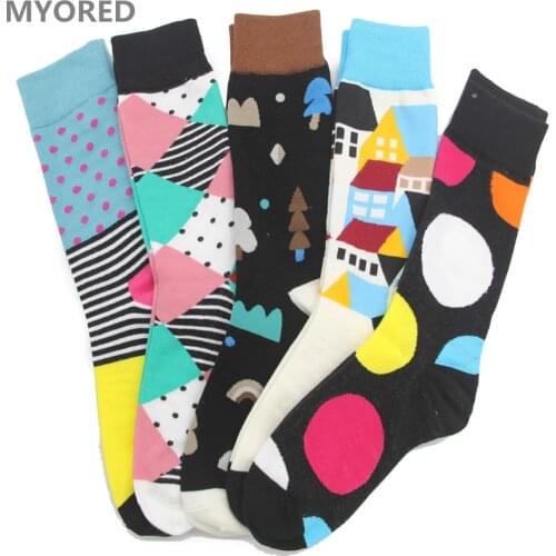 MYORED mens combed cotton summer lot socks long tube funny big size winter sokken meias wedding gift sox 5 pairs/Lot