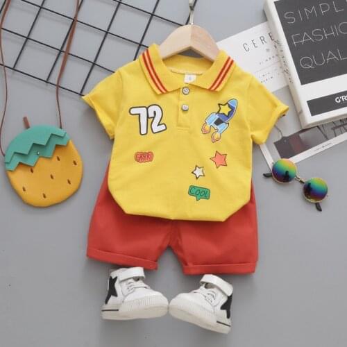 New Summer Childrens Boy Clothes Lapel Cartoon Rocket T-Shirt Pants Comfortable Boy Clothing Suit 1-3 Years Old