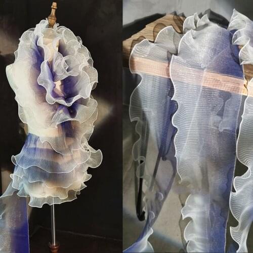 White Purple Gradient Ruffle Original 3D Fold Large Lace Trim Organza Fabric Tulles Telas Designer DIY Sewing Fabric Accessories