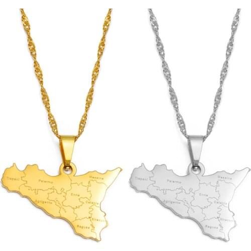 Anniyo Italy Sicily Map & Cities Name Pendant Necklaces,Silver Color/Gold Italian Sicilia Jewelry Gifts #249821