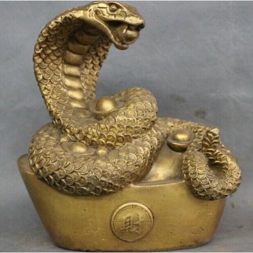 Song voge gem S2610 Chinese Brass Folk Animals Year Zodiac Snake On Wealth YuanBao Statue Sculpture