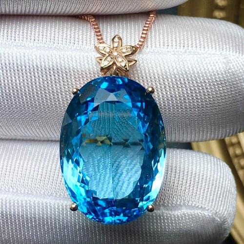 A627 Topaz Pendant Fine Jewelry Pure 18 K Gold Natural Blue Topaz Gemstone 25.8ct Pendant Necklace For Women Fine Pendants