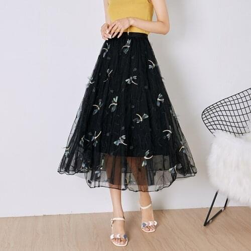 Luxury 3 Layers Woman Skirts 2021 Korean Style Fashion Elastic Waist Appliques Embroidery dragonfly Mesh Skirt Long Black Skirt