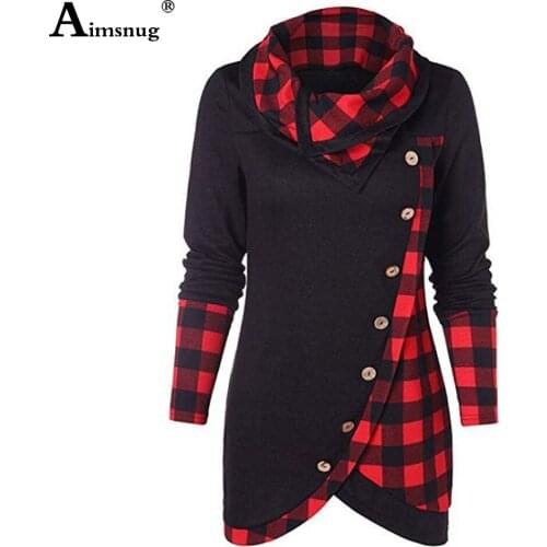 Aimsnug Irregular Shirt Plaid T-Shirt Women Long Sleeve 2020 New Autumn Shirt Tees Ladies Top Patchwork Buttons 3D Tshirt Femme
