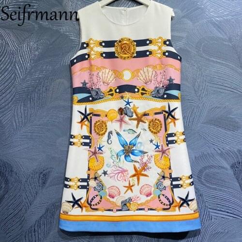 Seifrmann New 2021 Summer Women Fashion Runway Party Mini Dress Sleeveless Gorgeous Crystal Beading Vintage Print A-Line Dresses