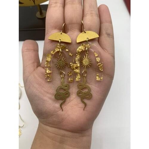 Resin Gold Flake Celestial Brass Sun Snake Earrings