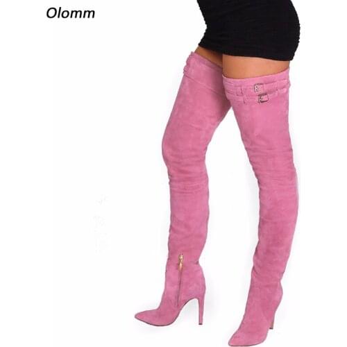 Olomm Handmade Women Thigh Boots Side Zipper Stiletto Heels Pointed Toe Gorgeous 11 Colors Party Shoes Women Plus US Size 5-15