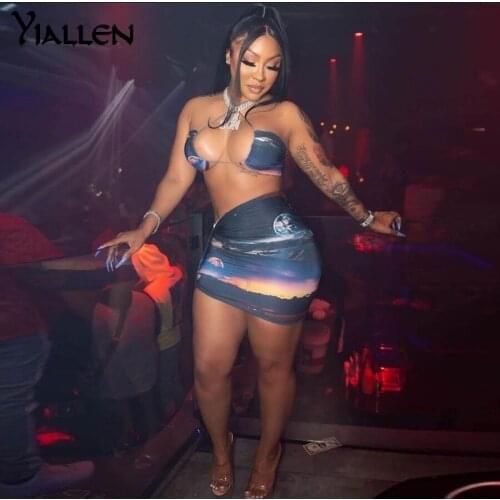 Yiallen 2021 Sky Print Two Piece Set Women Sexy Lace Up Halter Cropped Bra+Mini Pleated Dress Co-ord Outfits Female Hot Clubwear