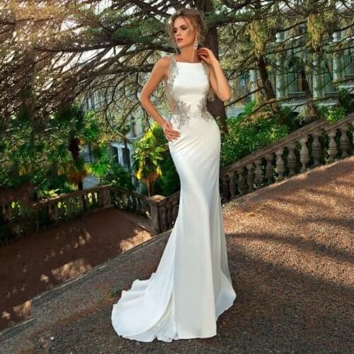 Thinyfull Princess Pearls Floor Length Mermaid Wedding Dress Sleeveless O Neck Sweep Train Bridal Gown Applique Vestido De Novia
