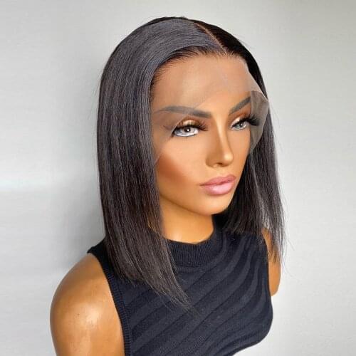 12Inch Short Bob Silky Straight Synthetic Lace Front Wig Glueless Lace Wigs For Black Women Babyhair Fiber Daily 180%Density