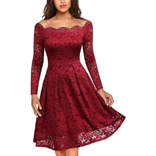 40%HOT Women Sexy Hollow Out Lace Off Shoulder Long Sleeve Tight Waist Party Midi Dress
