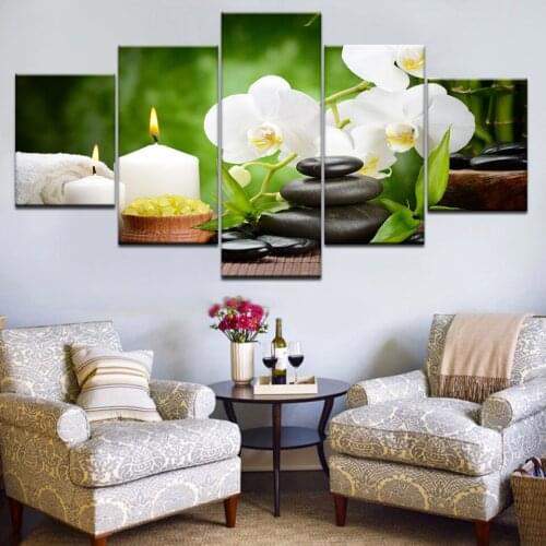 5pcs HD Printing Canvas Painting Nature Landscape Stone White Flower Candle Art Group Home Decor Wall Poster Modular Picture