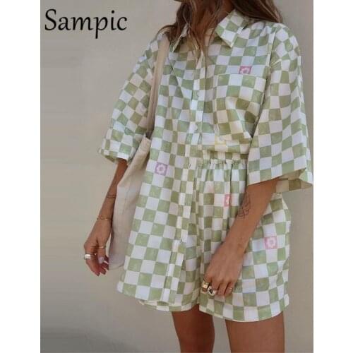 Sampic Casual Women Lounge Wear Summer Plaid Tracksuit Shorts Set Short Sleeve Shirt Tops And Mini Shorts Suit Two Piece Set