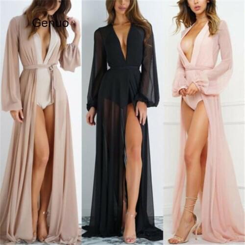 Summer Women Transparent Beach Maxi Dress Swimwear Bikini Cover-Up Tunic Chiffon Female Bathing Suit