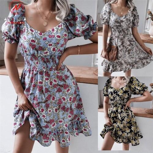Fashion Women Summer Print A-Line Dress Patchwork Design Ruffles Decor Square Collar Lantern Sleeve Elastic Waist Slim Dress