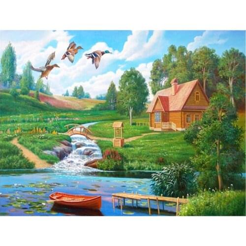 DIY DMC cross stitch kits sets handmade needlework 3D ribbon embroidery mosaic patterns natural scenery/lake/house Cross-Stitch