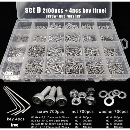 1200/1140/650/400pcs 304 Stainless Steel M1.6 M2 M2.5 M3 M4 M5 Hexagon Hex Socket Cap Head Screw Bolt Nut Set Assortment Kit