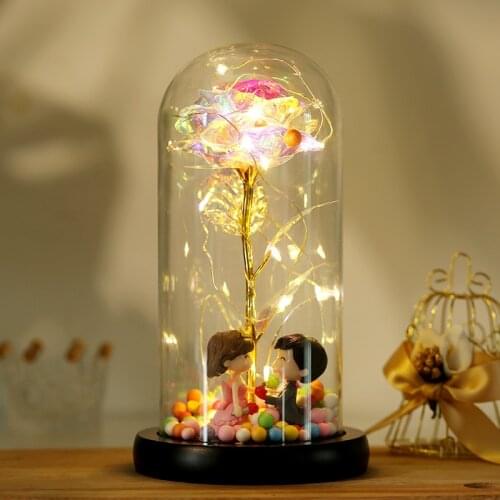 24k Gold Leaf Flower Color Gold Imitation Product with Lamp Immortal Rose Flower Glass Cover Led Gift Box Set