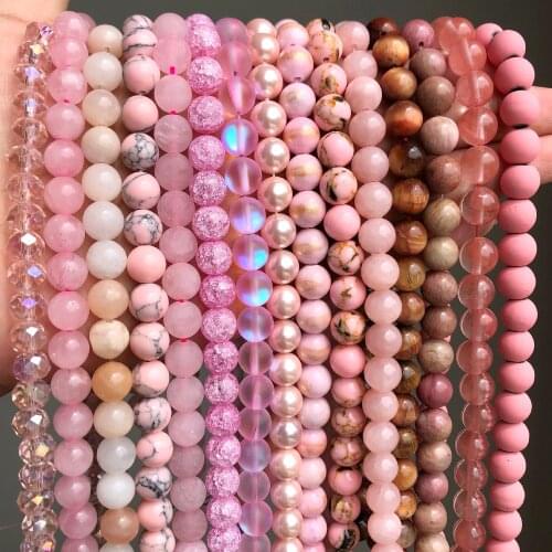 Natural Stone Pink Crystal Quartz Cat Eye Agates Jades Round Loose Beads For Jewelry Making DIY Handmade Bracelets Accessories