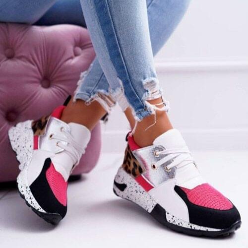 New Fashion Womens Sneakers Leopard Print Leather Thick Bottom Increased Sneakers Casual Comfortable Sports Shoes For Ladies