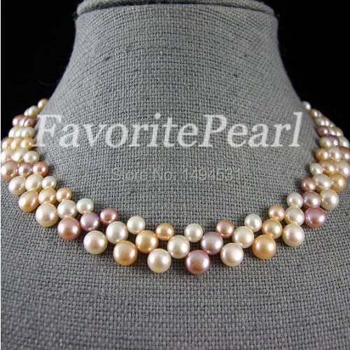 Free Shipping - AAA Triple - Row 7-8mm 16 Inches White Pink Purple Color Freshwater Pearl Necklace Wedding Party Jewelry