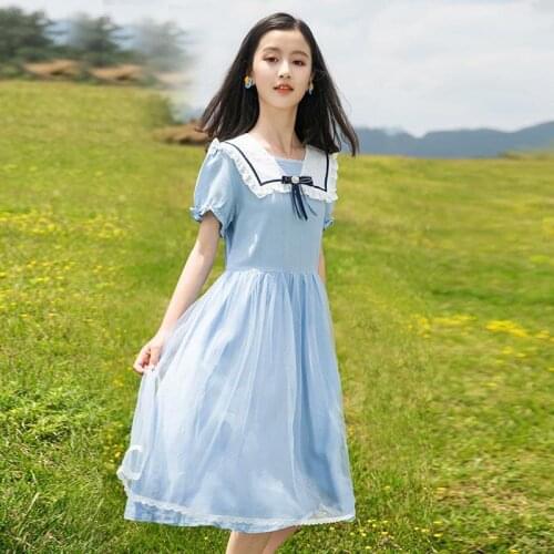 Big girl dress summer dress children western style Korean 9 10 11 12 13 14 15 16 year-old princess blue girl summer long dresses