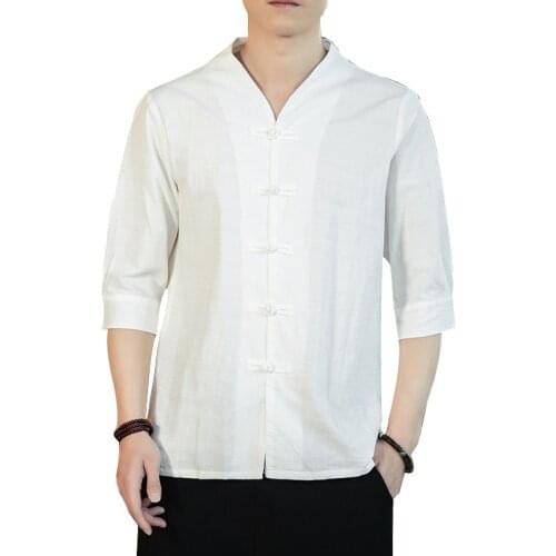 Summer Linen Shirt Male Loose Large Size Chinese Style Male Cotton and Linen Three Quarter Sleeve Shirts 5XL