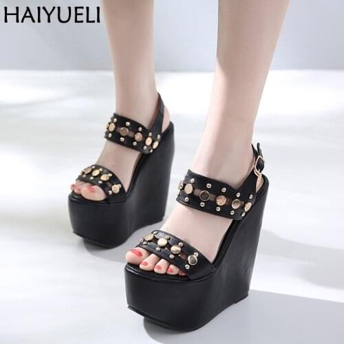 17cm Ultra Heels Gladiator Sandals Fashion Rivets High Heels Platform Wedges Shoes For Women Black High Heels With Buckle Sandal
