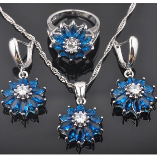 Exquisite Blue Flower Silver Color Jewelry Set Women Wedding Necklace Earring Ring Zircon Crystal Costume Sets QZ0434