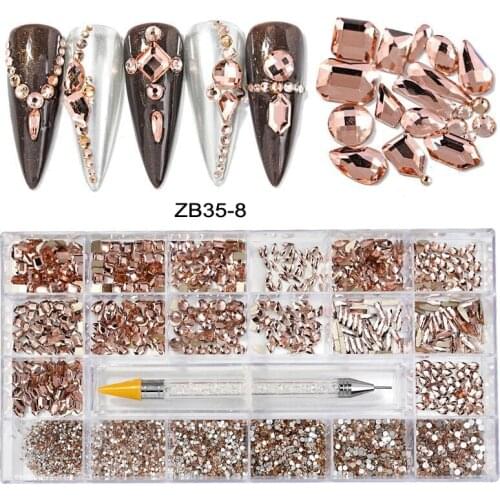 Non-Hotfix Flat back Rose Gold Rhinestones&1 PickUp Pen In Storage Box 20 Shapes Light Champagne Nail Art Crystals Stones H