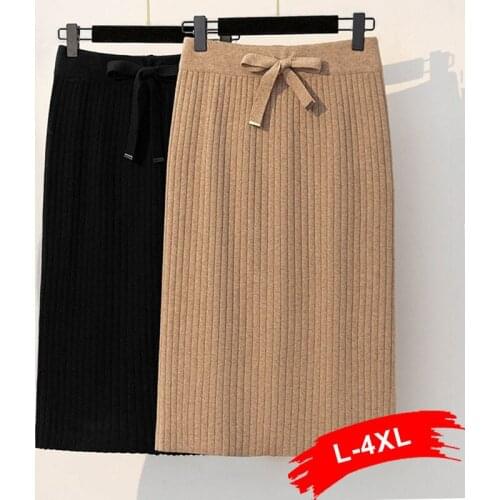 Knitting Drawstring Plus Size Women 5XL Midi Autumn Winter Long Maxi Bodycon Knitted Skirt Pencil Sweater Skirts