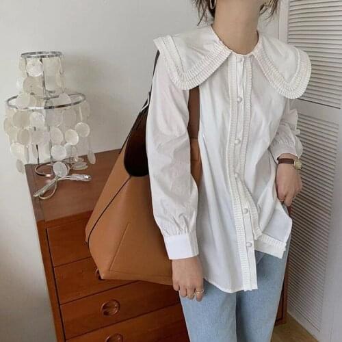 Women Korean Chic Shirt 2021 Spring Retro Pleated Peter Pan Collar Long Sleeve Elegant Fashion Blouse Female White Simple Tops