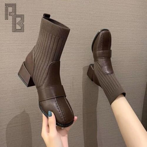 Chunky Heel womens boots 2021 Autumn Short boot Womens Mid Heel Lightweight Socks shoes Fashion British Short comfortable Boot