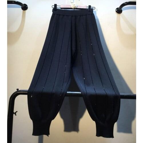 European Loose Pants Women 2021 Spring Summer New Heavy Vertical Drill Ice Knitted Trousers Girls Ladies High Waist Harlan Pant