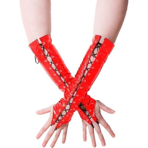 2020 Ladies PVC Lace Up Long Fingerless Gloves Women Pole Dance Elbow Length Gloves Red Black Shiny Wetlook Vinyl Leather Gloves