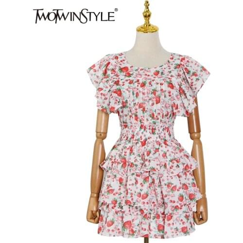 TWOTWINSTYLE Print Two Piece Set For Women O Neck Short Sleeve Tops High Waist Mini Skirts Patchwork Ruffle Sets Female 2021 New