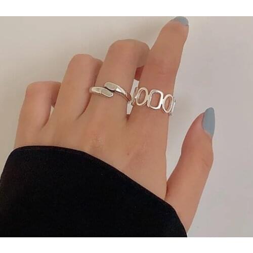 Retro Creative Geometric Hollow Silver Color Open Ring for Women Hip-hop Personality Chain Stitching Couple Ring Party Gifts