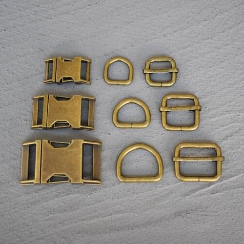 10 Sets 15/20/25mm Bronze Webbing Metal Hardware Slider D Ring Release Belt Buckle For Dog Collar Paracord Sewing Accessory
