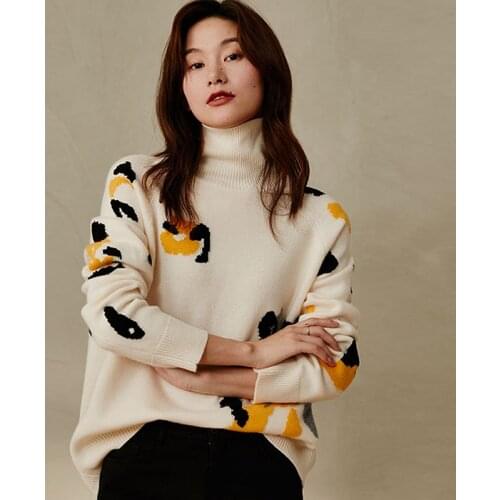 100% Cashmere Jacquard Sweater Knitwear Women Turtleneck Long Sleeves Loose Pullovers Knitwear Autumn New Fashion