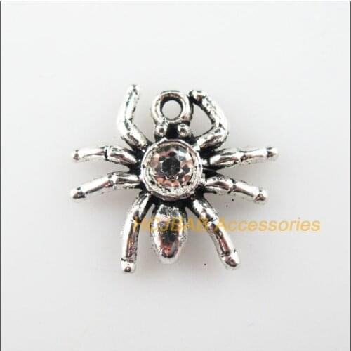 20Pcs Tibetan Silver Color Clear Crystal Animal Spider Charms Pendants 17x19mm