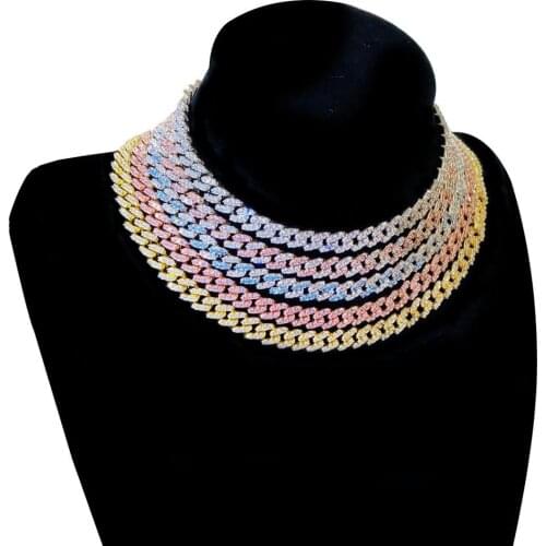 9mm Cuban Link Chain Chunky Hip Hop Jewelry Iced Out Bling Blue Pink CZ Cubic Zirconia Gold Silver Color Necklace for Men Women