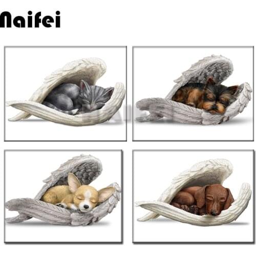 Diamond Painting Needlework Full Diamond angel feather" Embroidery Decoration Rhinestones Gifts animal series dog and cat