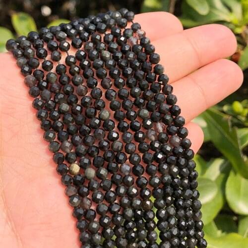 Natural Stone Beads Faceted Gold Obsidian Loose Spacer Beads For Jewelry Making 2/3/4mm DIY Handmade Bracelets 15'Strands