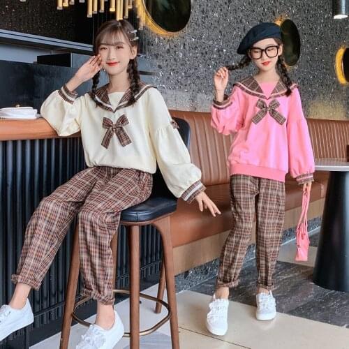 College style Children Girls Clothing Plaid Outfits Knitted Bow Long Sleeve T shirt Tops Sweatpants Sets Casual Kids Outer Dress