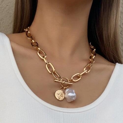 Flashbuy Punk Baroque Irregular Pearl Coin Pendant Necklace for Women Vintage Thick Chain Necklaces Hot Jewelry